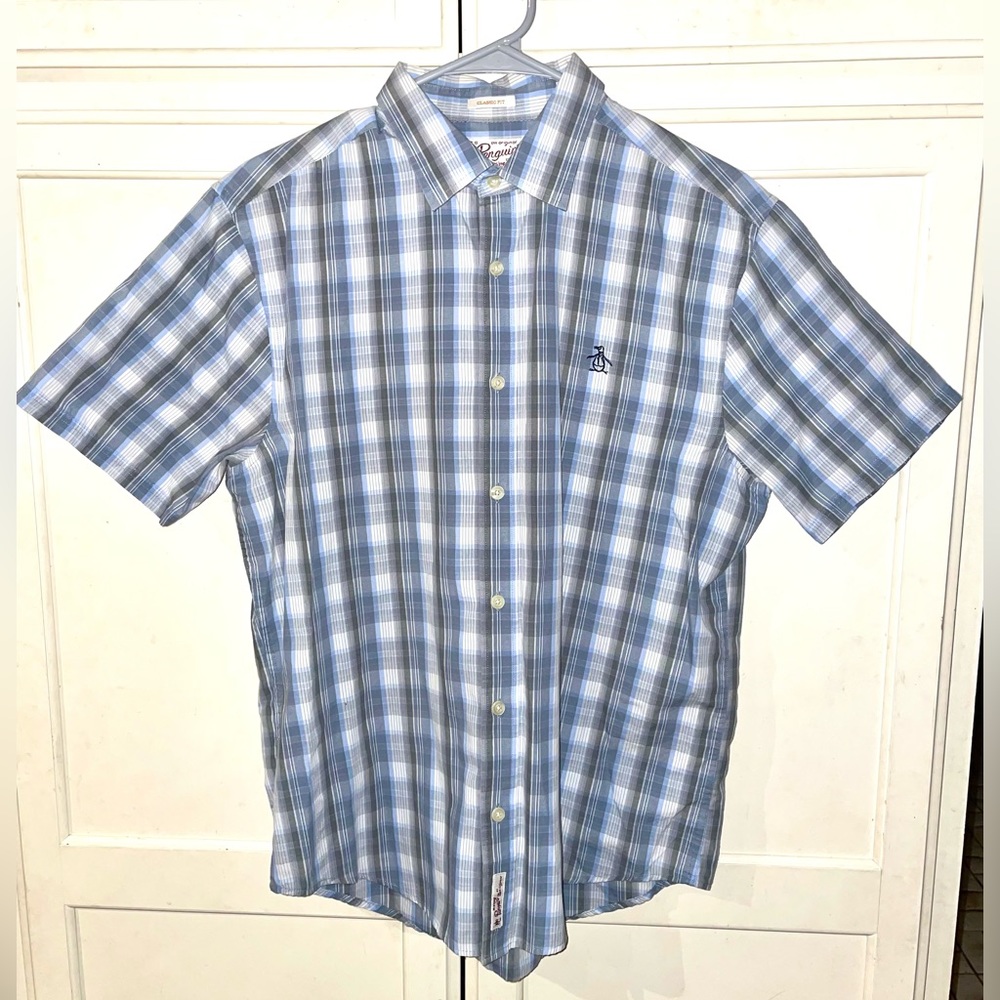 Original Penguin Men’s Short Sleeve Button Up Shirt Plaid Gray White Blue Medium